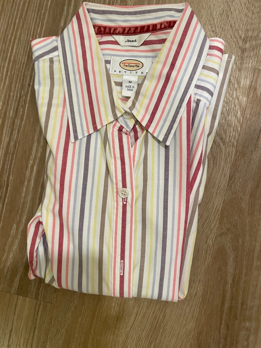Talbots Striped Petite Button-Down in Pink, Yellow, Gray, Tan